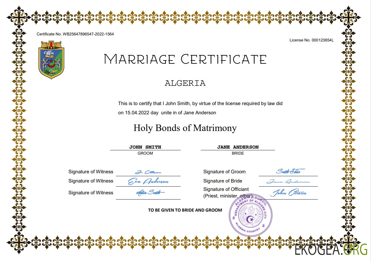 Modèle Word et PDF d'acte de mariage en Algérie